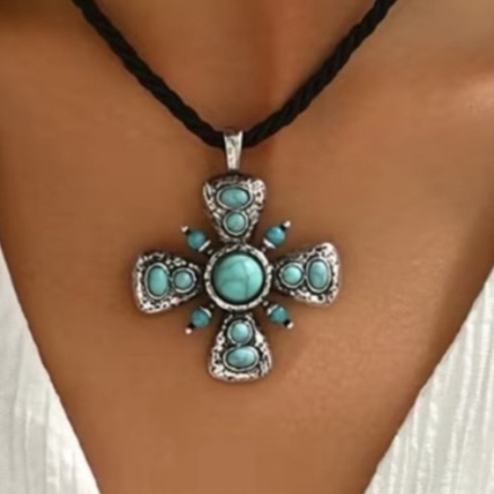Heavy Vintage Bohemian Silver & Turquoise Cross Pendant Necklace